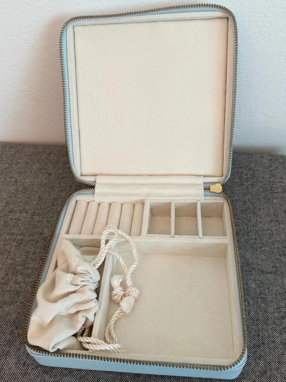 Pottery Barn Chambray Blue Jewelry Organizer Case with Drawstring Pouch
